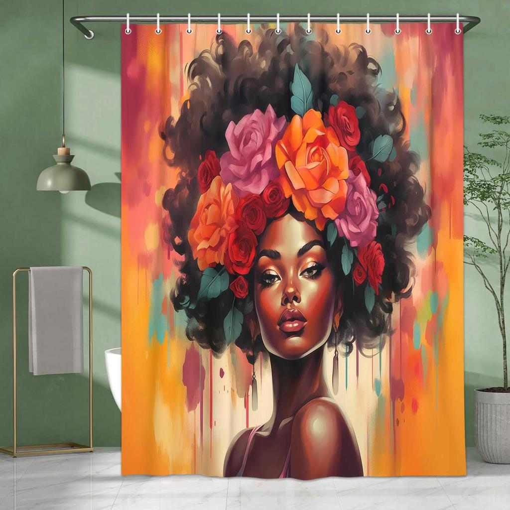 Black Girl Shower Curtain, Retro African American Colorful Floral Red Rose Black Woman Bathroom Decor, Oil Painting Aesthetics Flower Fabric Afro