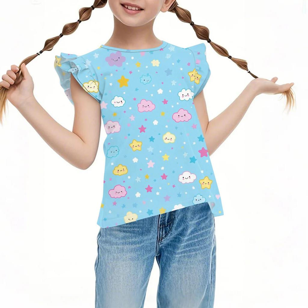 Children's Casual Short-Sleeved Pleated Cute Printed Round-Neck Solid-Color Top