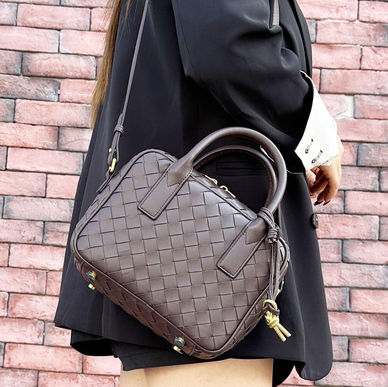 

Новая плетеная воловья кожаная квадратная детская сумка Boston Handheld большой емкости через плечо сумка 23x17.5x10 кофейный