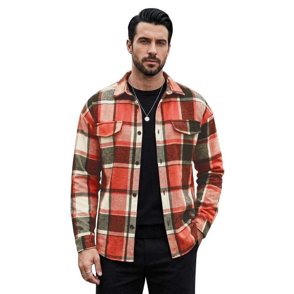 Herren Flanellhemden Lässig Button-Down Karomuster Hemdjacke Langarmhemden mit Taschen Normale Passform Arbeitshemd Outfit für Männer