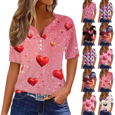 T-shirt Femme Tee Imprimé Bouton Manches Courtes Quotidien Week-end Mode Basique Col V Coupe Régulière Haut Saint-Valentin