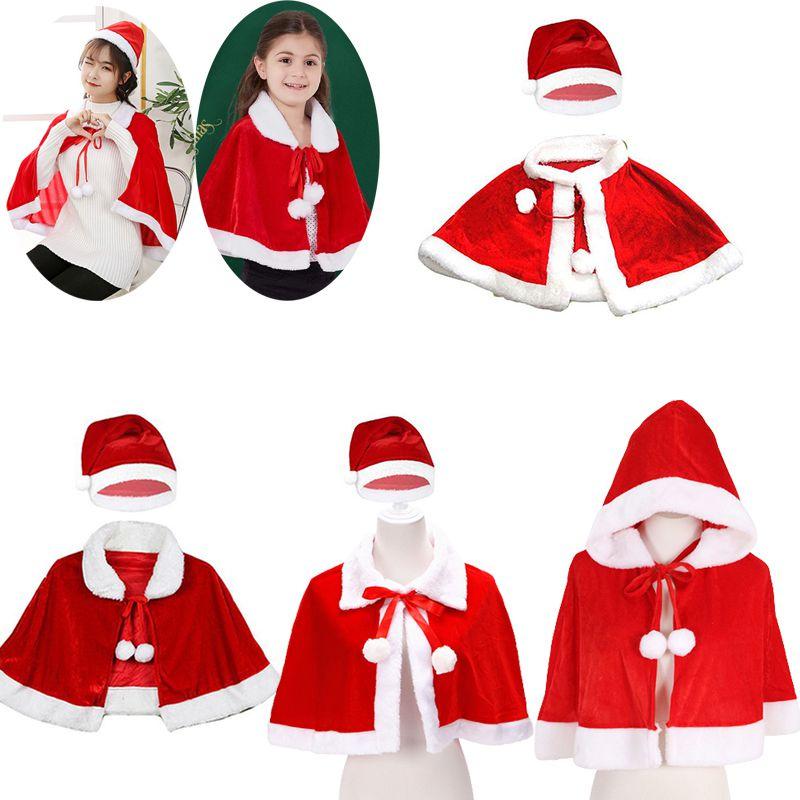 Xmas Red Velvet Santa Claus Hooded Cloak With Hat For Kids Adults