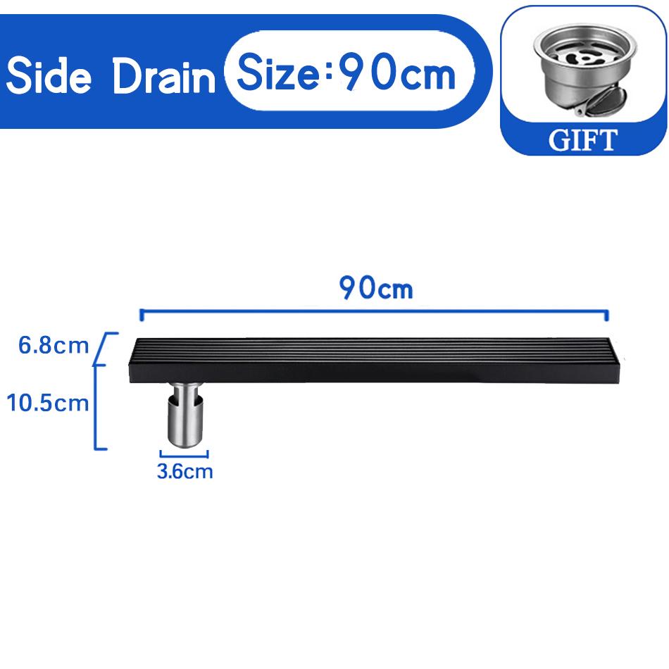 Stripe Floor Drain Black 304 Stainless Steel Solid  Bathroom Shower Long Linear Water Drainage Side Floor Drains Cover 60-100cm