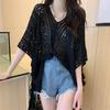 Fashion Loose Hollow Out Sexy Knitted Shirt Women Summer V-neck Casual Sunscreen Blouses Female Short Sleeve Tops