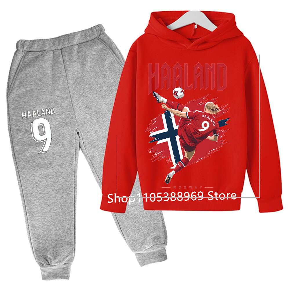 Boys Haaland Cartoon Football Tracksuit 2 Piece Hoodie and Jogger Pants Set Kids Graphic Print Sport Outfit