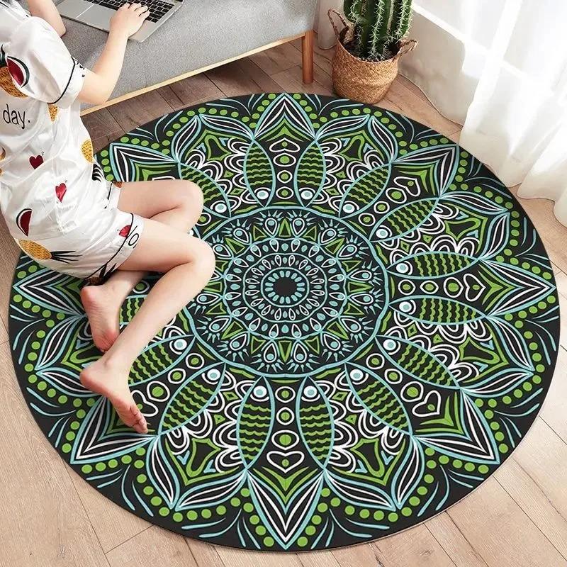 Bohemian Round Area Rugs Geometric Mandala Design Multi Color Pattern for Modern Living Room Home Decor