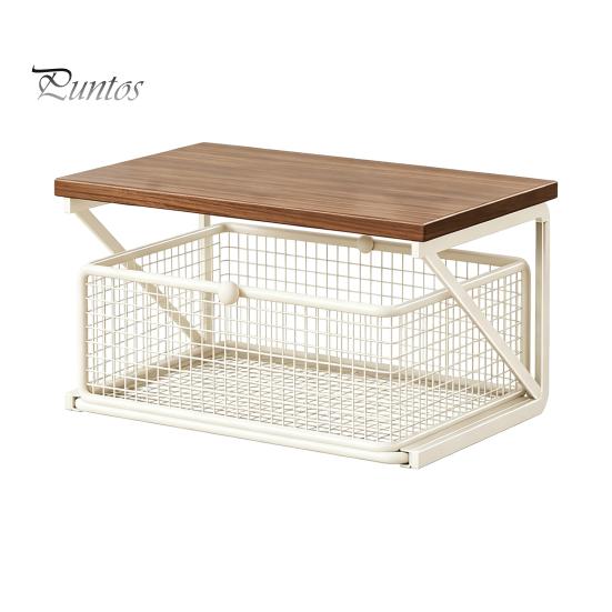 Coffee Pods Holder Station Organizer with Drawer, Tiered Bar Organizer, Wooden Top Shelf, Countertop Storage Rack Wire Mesh Drawers for Tea