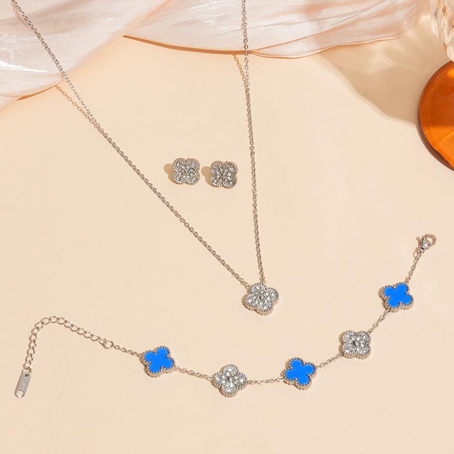 Stal Tytanowa Nieblaknący Czterolistna Koniczyna Kolczyki Naszyjnik i Bransoletka Zestaw Elegancki i Luksusowy Łańcuszek na Obojczyk