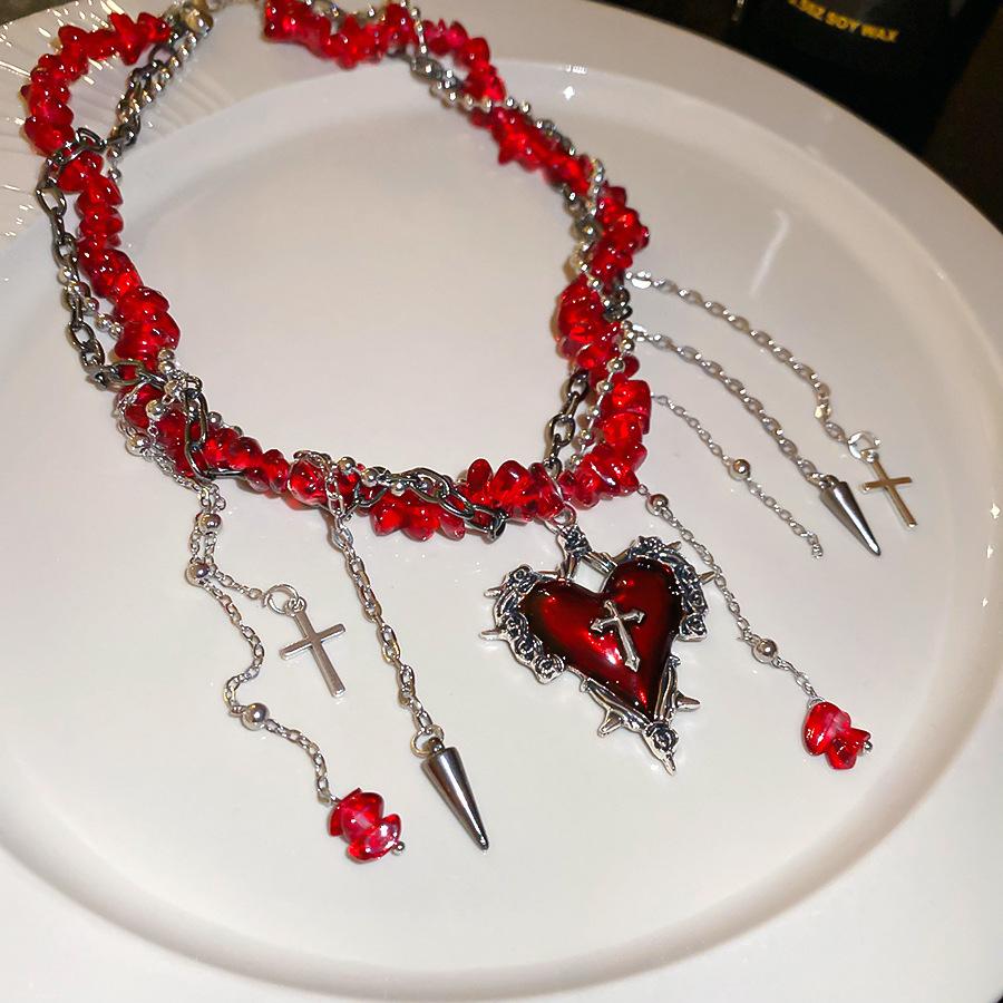 Goth Black Heart Love Cross Pendant Irregular Stone Bead Choker Necklace For Women Halloween Vintage Y2K Grunge EMO Accessories