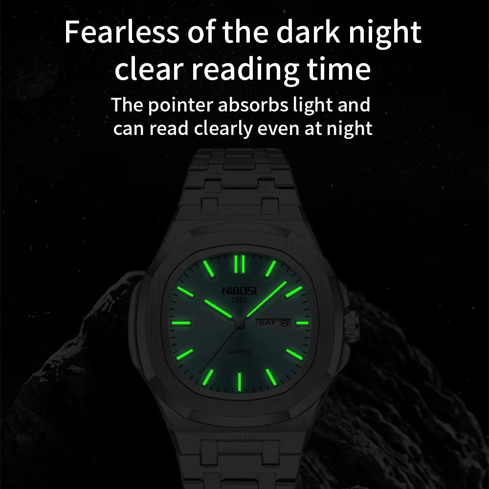 Waterproof Mens Square Quartz Watch Luminous Day Date Display Steel Strap Classic Casual Daily Wristwatch