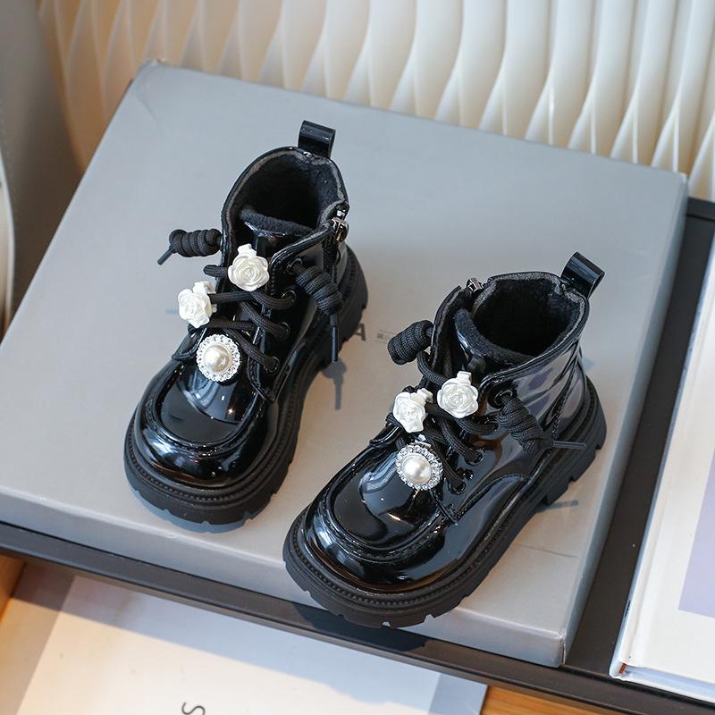 Dziewczęce aksamitne botki do kostki z cyrkoniami - Zapinane na zamek z boku, Jesień/Zima