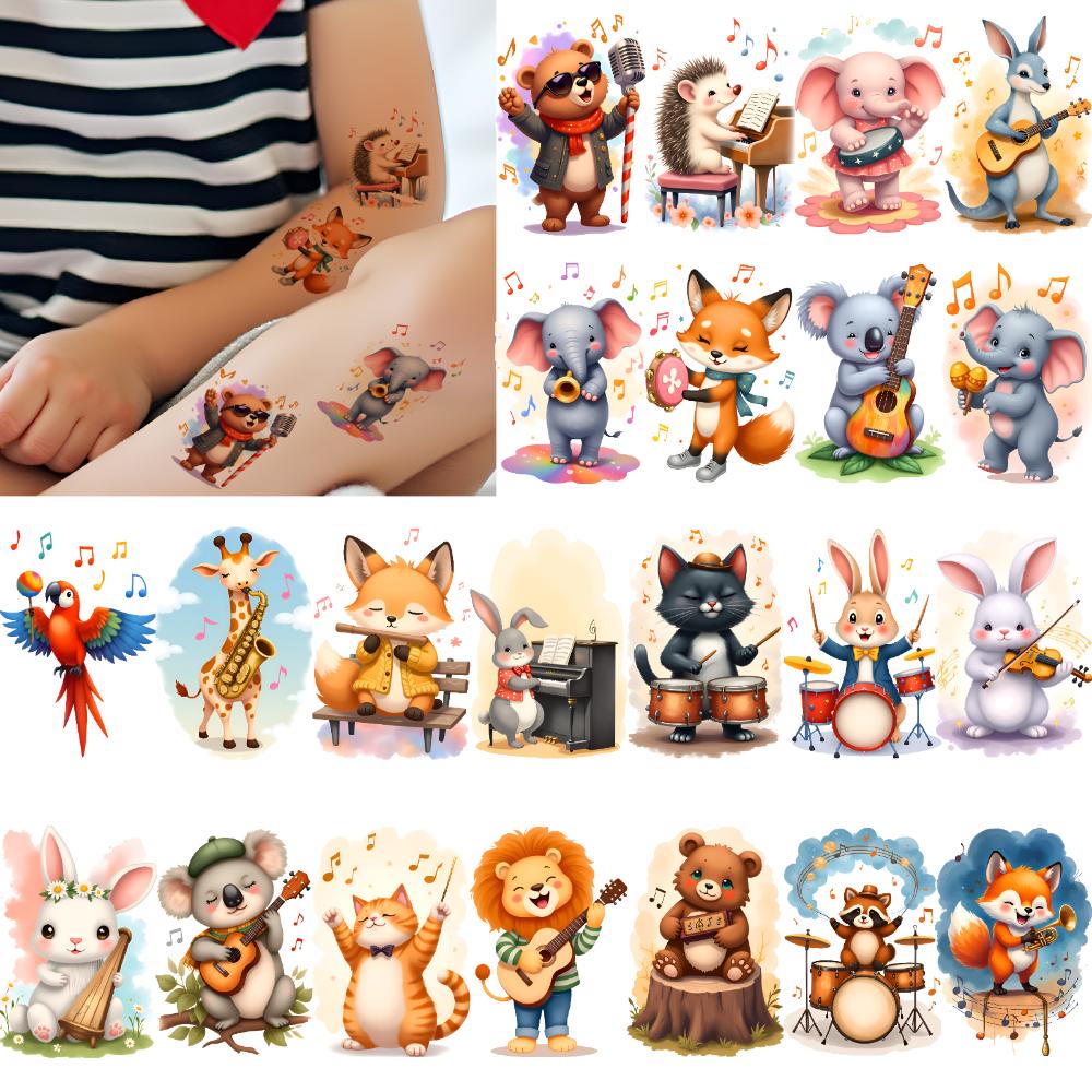 63pcs Temporary Tattoo Cartoon Characters Temporary Tattoo Stickers Musical Animals Waterproof Long-lasting Body Stickers For