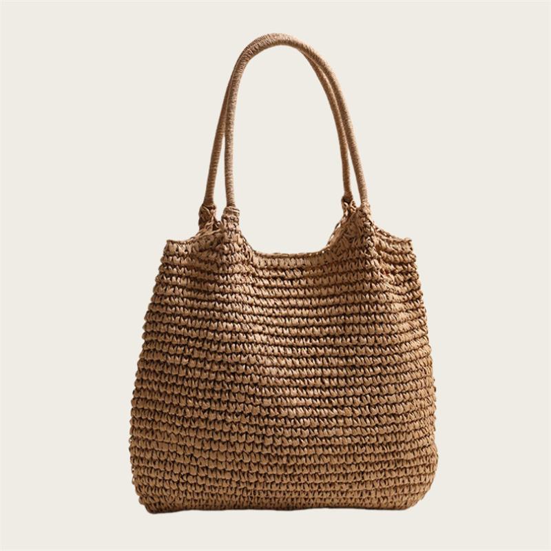 Handmade Crochet Straw Tote Bag Women Large Capacity Shoulder Bag Woven Material Summer Beach Vacation Boho Style Casual Handbag