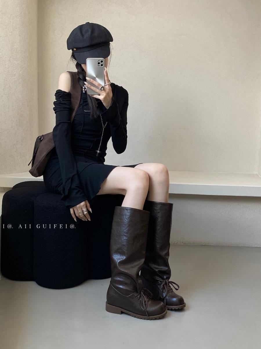 

Ballet style retro western stacking boots women s 2025 new two-wear pleated straps medium boots giant soft boots 40 темно-коричневого