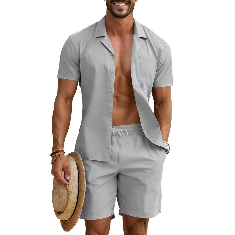 Men's Casual Solid Color Button-Down Shirt & Shorts Set - Summer Vacation Wear