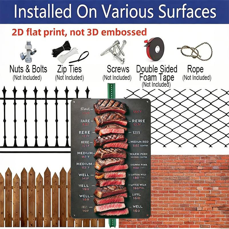 2D Flat, Vintage Beef Doneness Chart Metal Sign - Steak Guide with Rare, Medium Rare, Medium, Medium Done - Aluminium Retro Wall Art Suitable for