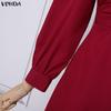 VONDA Elegant Women Casual  Round Neck Long Sleeve Front Pleated Long Swing Dress