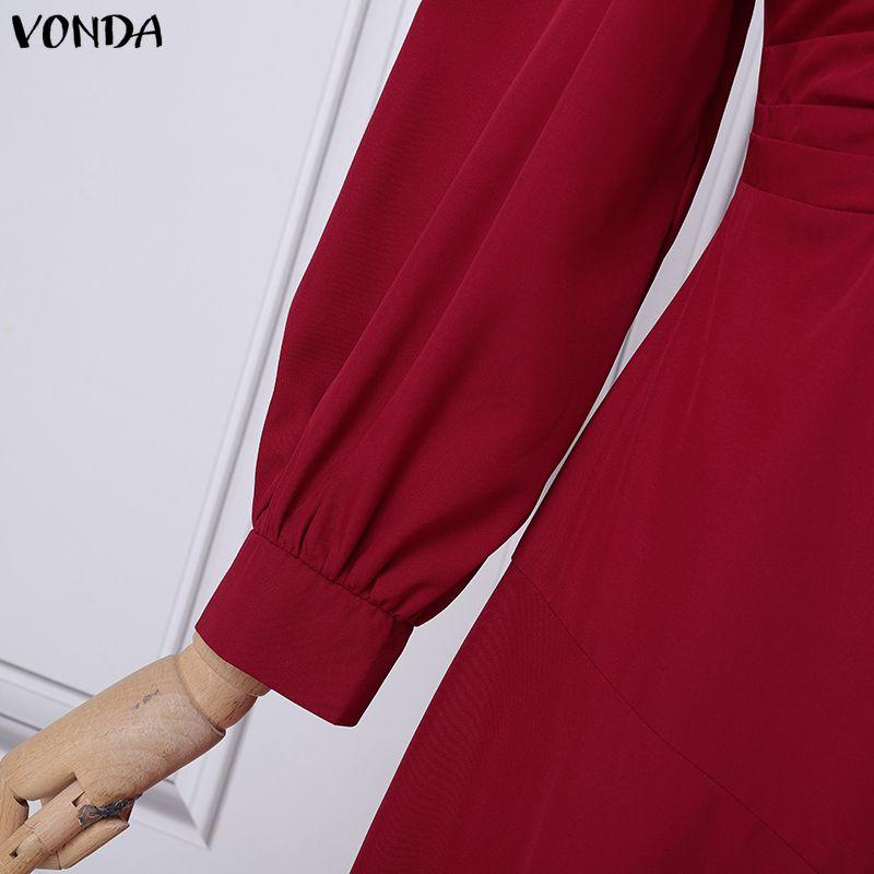 VONDA Elegant Women Casual  Round Neck Long Sleeve Front Pleated Long Swing Dress