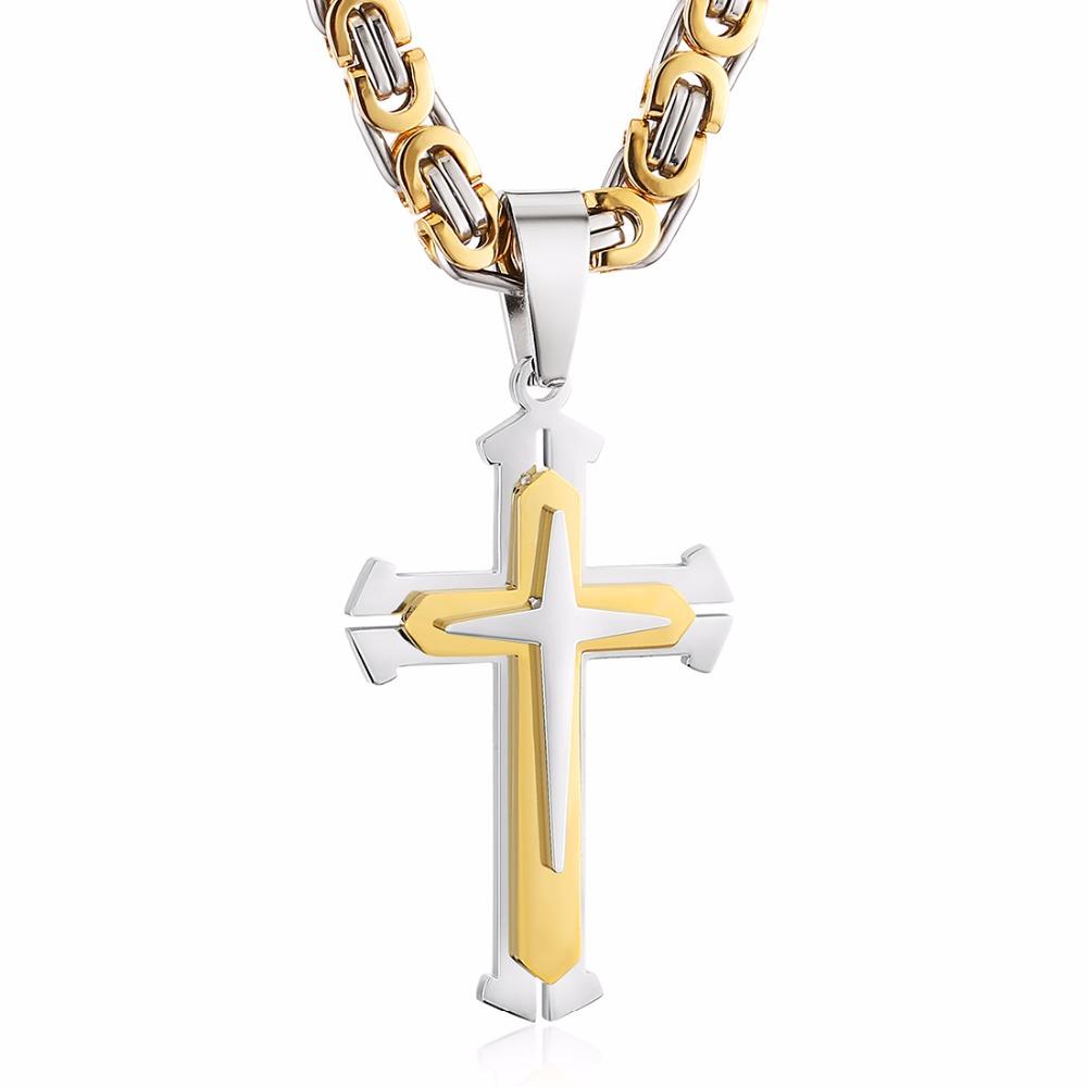 Stainless Steel Pendant Necklace 3 Layer Knight Cross  Silver Color Strong Byzantine Chain Mens Fashion Jewelry Fathers Gift