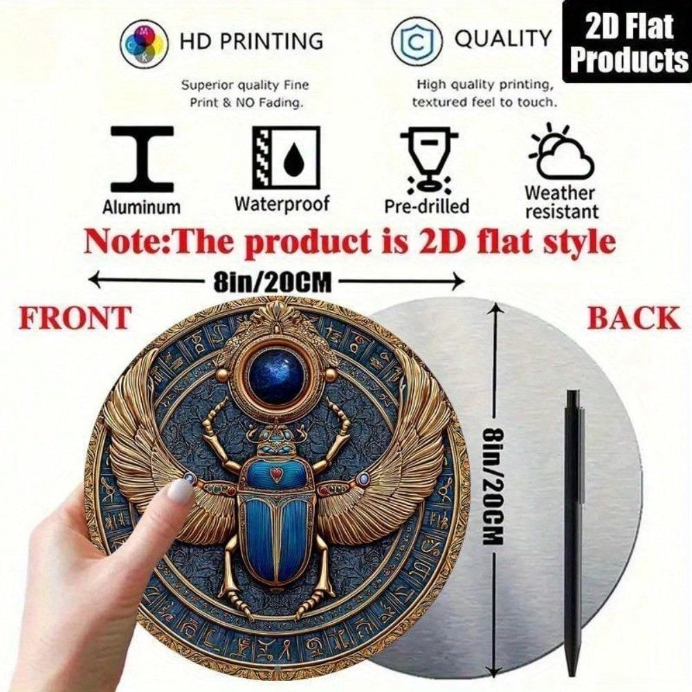 Vintage Egyptian Scarab Beetle Metal Wall Art Plaque 8x8 Inch Retro Home Decor Hieroglyphics Golden Accents 2D Flat Aluminium Sign