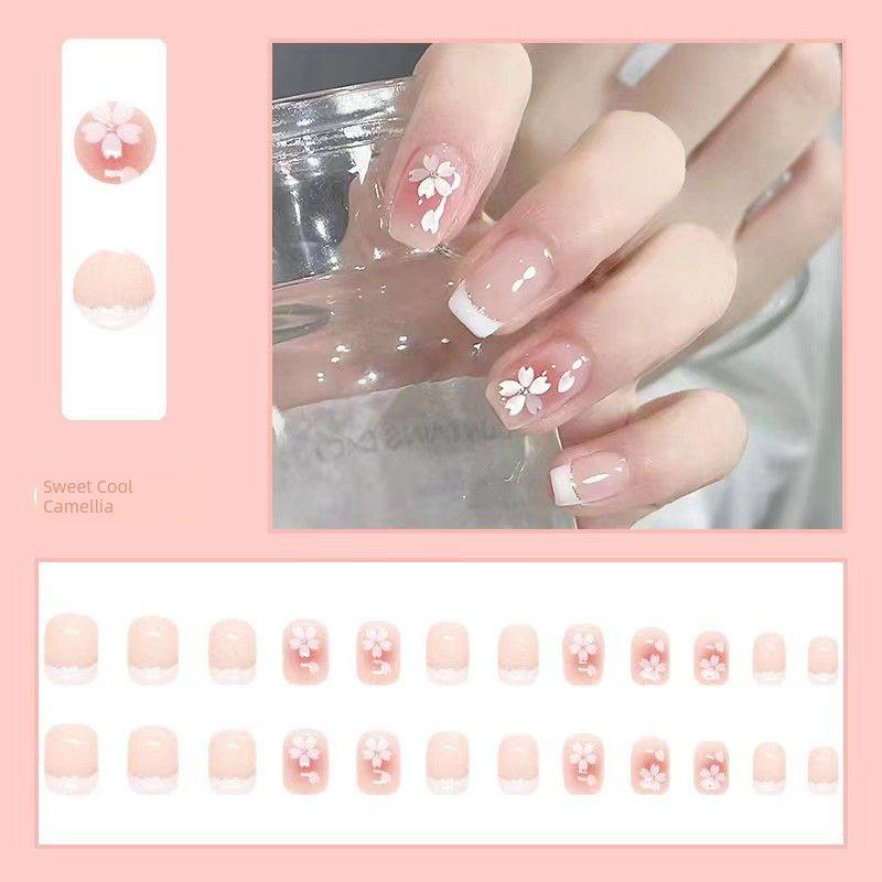 

Douyin Icy Проверка Instagram Носите Накладные Ногти Sweet Cool Camellia