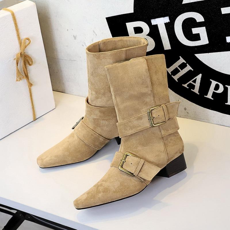 Retro Suede Women'S Boots Fashion Pointed Thick Heel Knight Boots For Women Designer Belt Buckle Women'S Shoes Botas Para Mujer