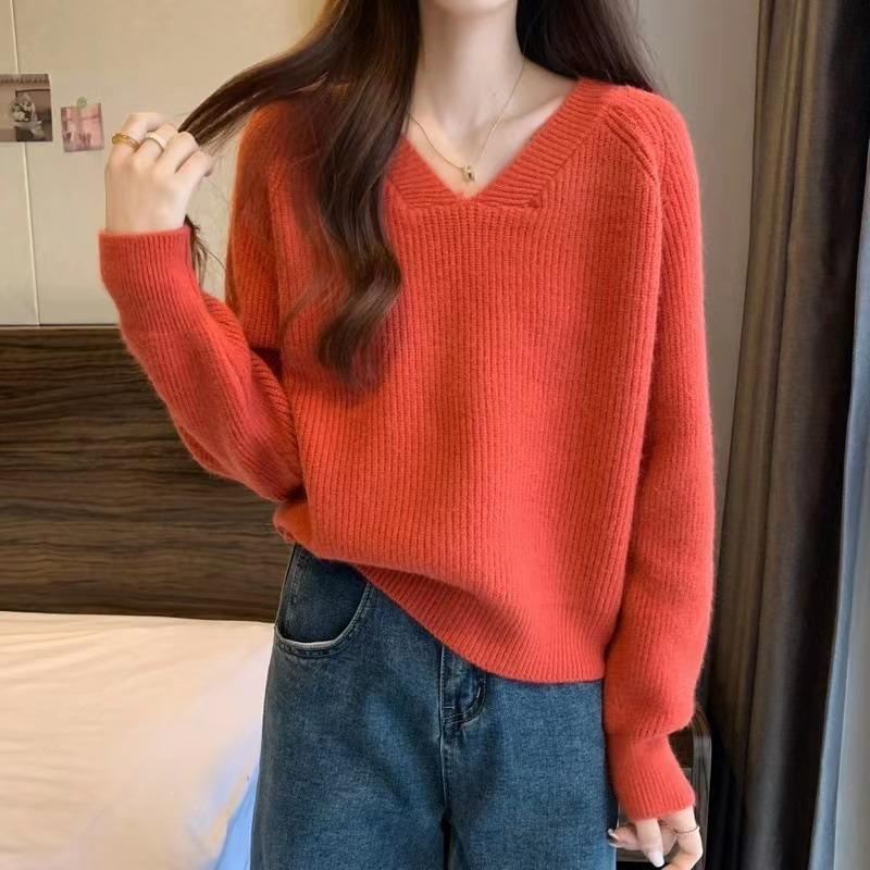 V-neck Solid-color Versatile Sweater with Autumn and Winter New Gentle Wind Soft Waxy Lazy Bottoming Knitted Sweater
