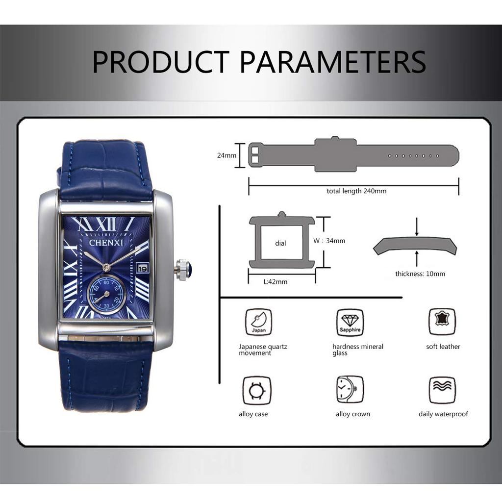 JewelryWe Men's Watch with Roman Alphabet Dial and Leather Band, Blue, for Commuting and School