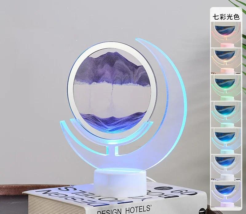 3D Sandscape Moving Sand Art Picture Table Lamp with 7 Colors Quicksand Liquid Hourglass Flowing Sand Painting Home Decor Gifts