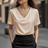 Damen T-Shirt Einfarbige Lockere Passform Glattes Satin V-Ausschnitt Kurzarm Oberteile Sommer Lässiges T-Shirt Tägliche Kleidung