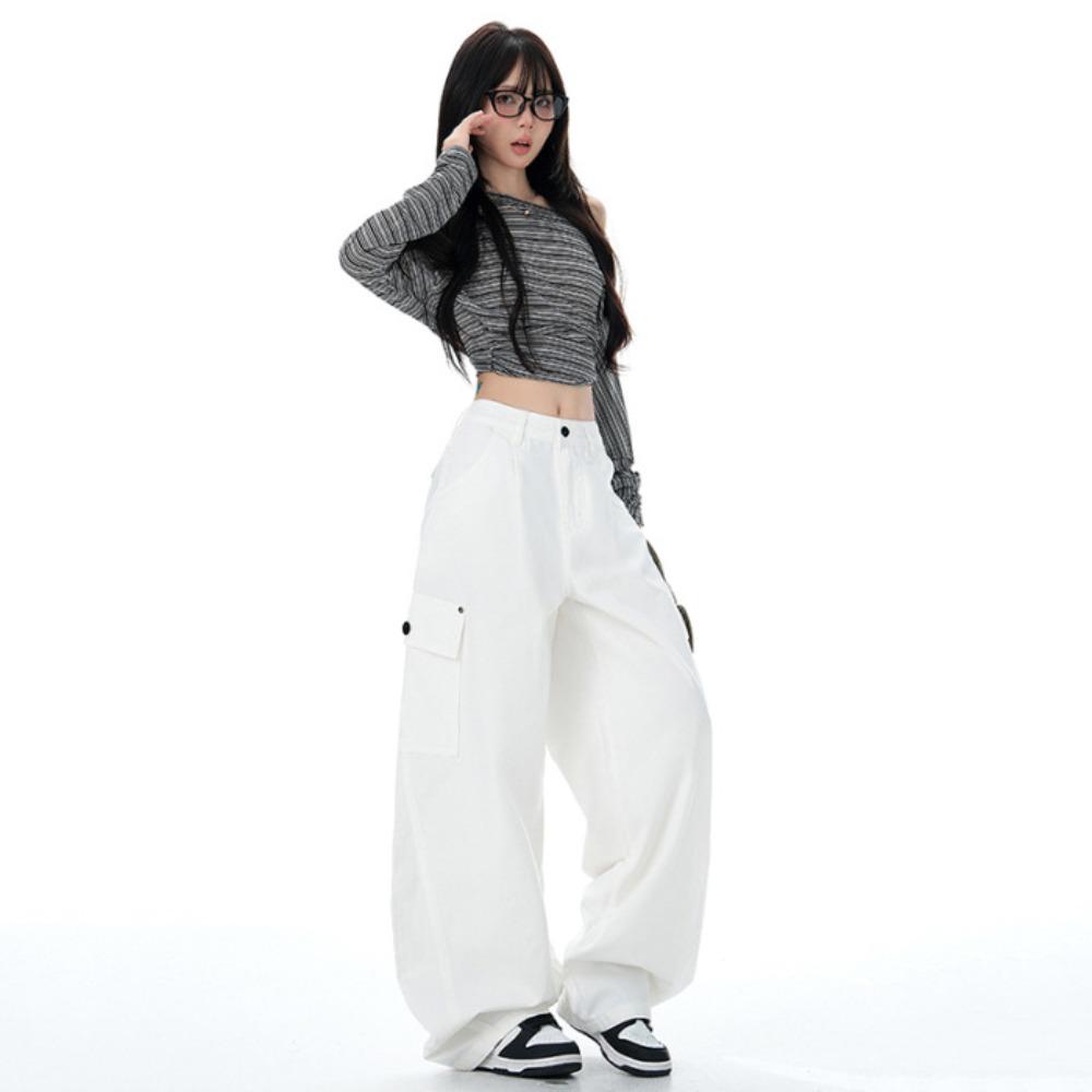 Damen High Waist Cargo-Hose Locker Weiter Bein Lässige Hose Mehrere Taschen Streetwear Baggy Hosen