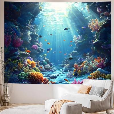 Arazzo Mondo Sommerso - Oceano Blu E Pesci Tropicali da Acquario Decorazione Murale - Pesci di Profondità Appeso a Parete Per Camera da Letto,