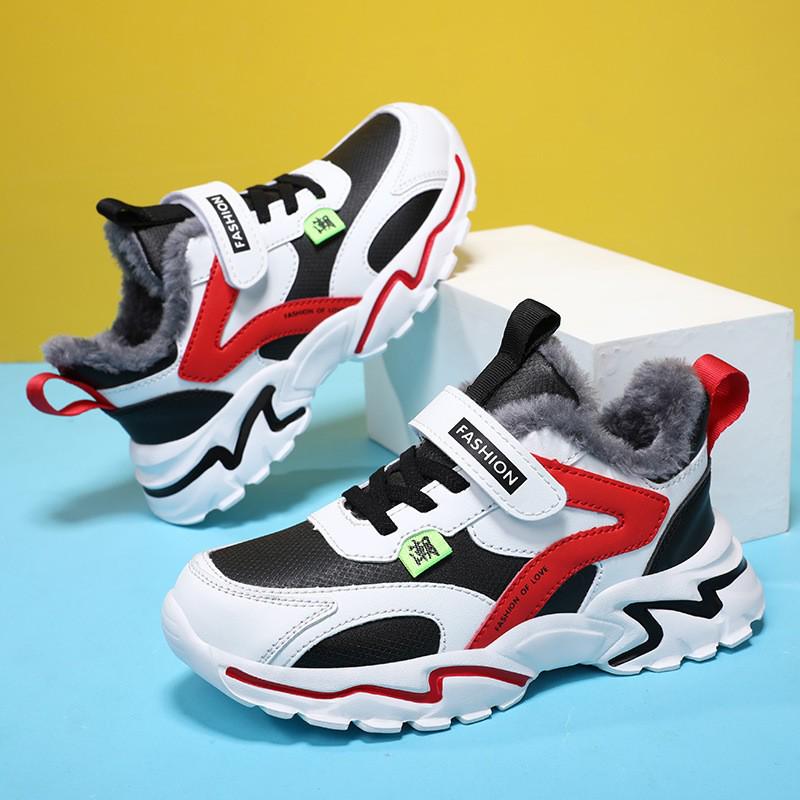 Wasserdichte Baumwoll-Sportschuhe für Jungen mit Plüschfutter - Warme Leder-Sneaker für Herbst/Winter