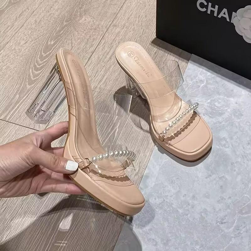 Chunky Platform High Heels slippers Women Summer 2025 Shiny Crystal Transparent PVC slippers Woman Clear Thick Heeled Party pump
