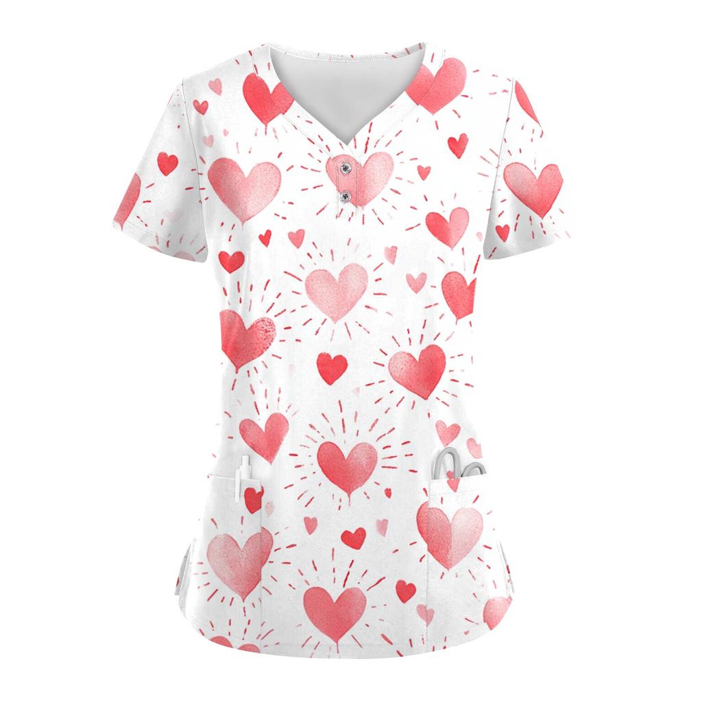 Women's Button V Neck Fashion Casual ChristmasValentine's Day Print Tops Dry-nurse Top,Scrubs Tops For Women,2 Pockets