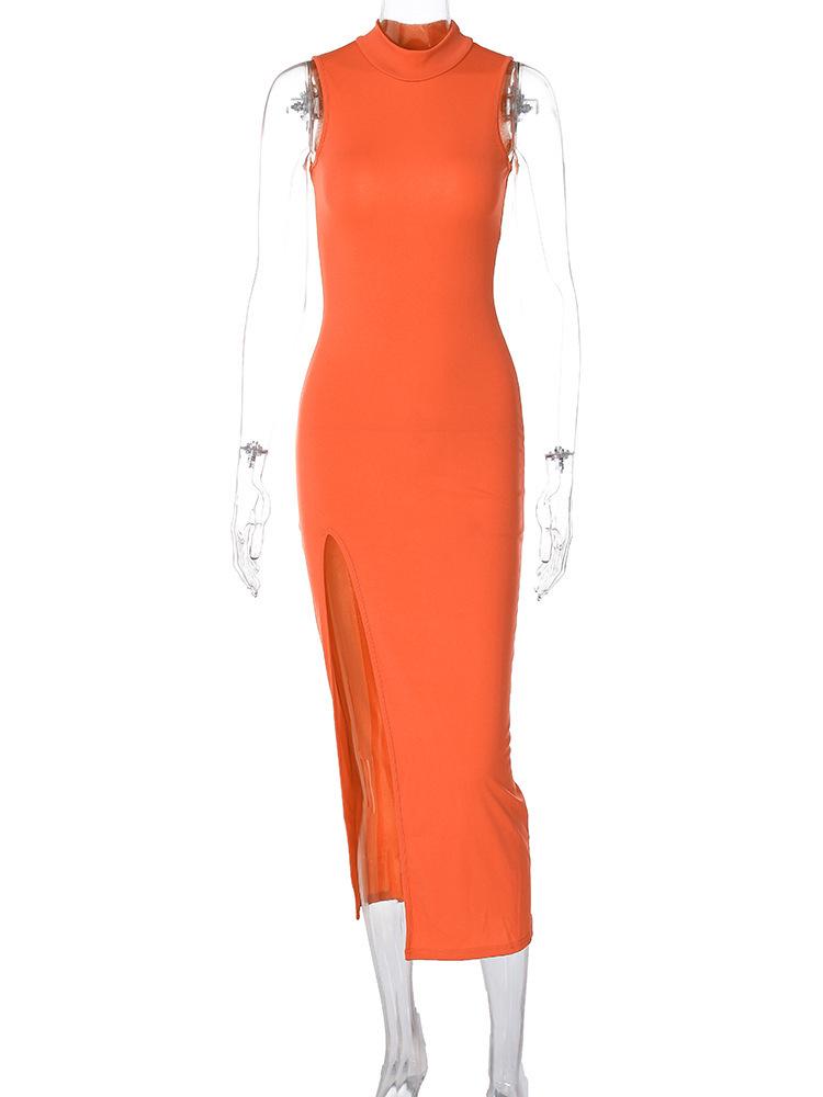 2025 Women's Fashion Round Neck Sleeveless Slim Fit Slit Midi Dress