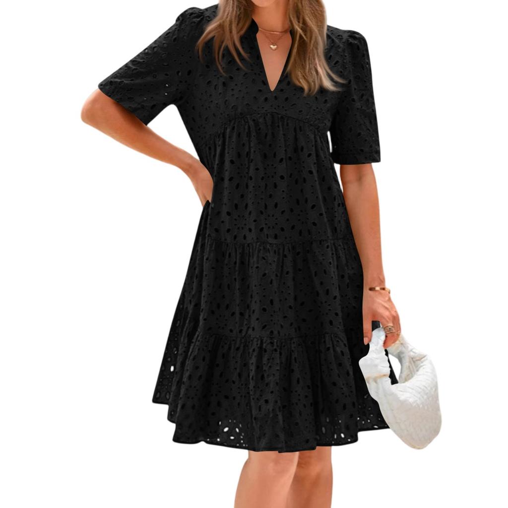 Women's Fashion Summer Solid Color V Neck Short Sleeved Beach Vacation A-line Dress