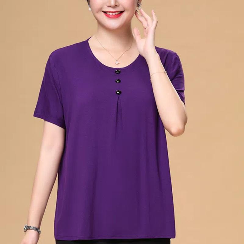 Simplicity Casual Summer Solid New Women's Round Neck Button Temperament Fashion Versatile Loose Short Sleeve T-Shirts Tops