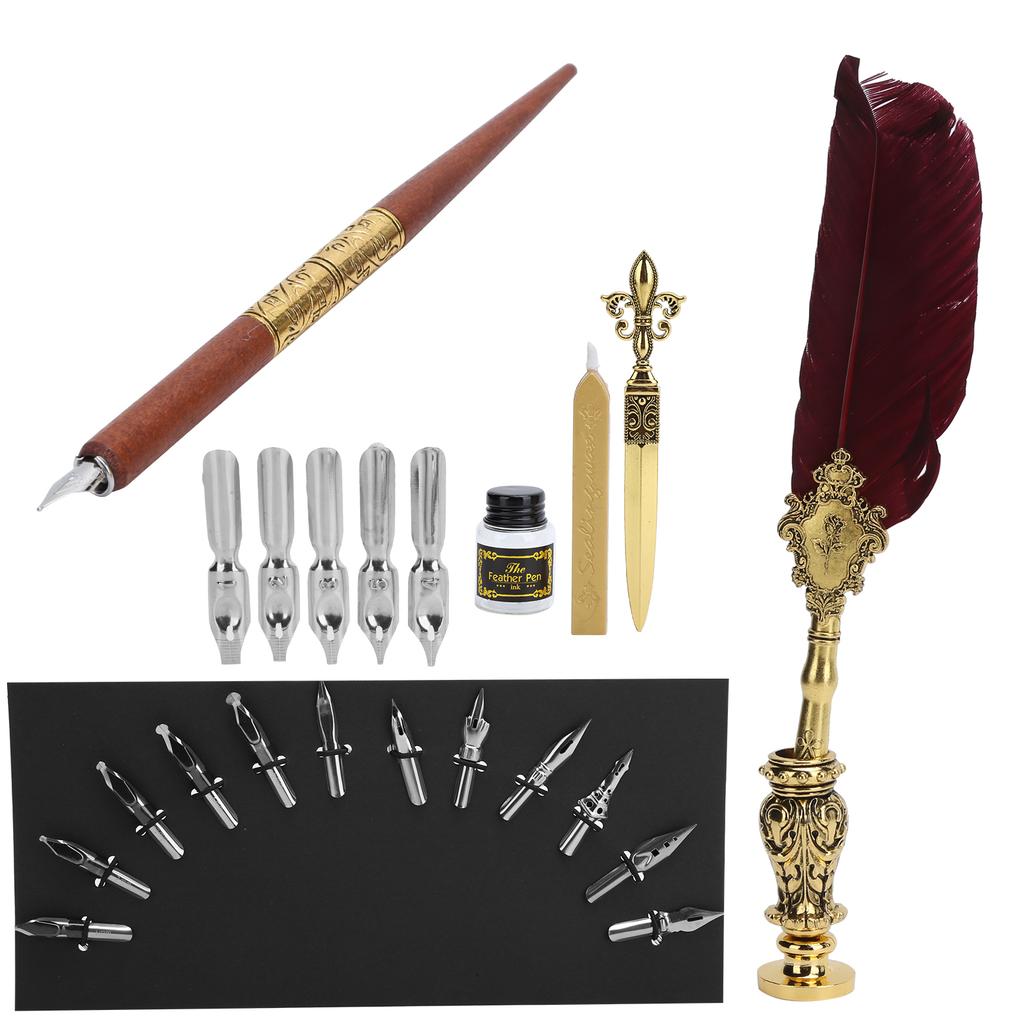 Feather Pen Set Calligraphy Writing Drawing Quill Dip Kit Vintage Art Craft CollectionSP248006R Wine Red