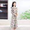 Summer Fashion Floral Print Three-quarter Sleeve Dress for Women Slim Fit Casual Midi Dress
