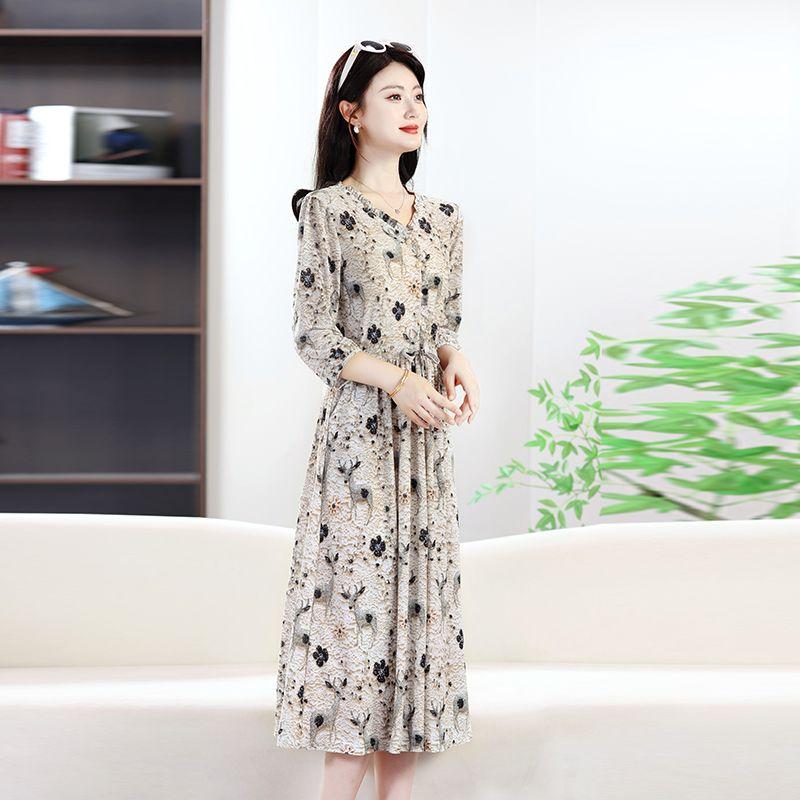 Summer Fashion Floral Print Three-quarter Sleeve Dress for Women Slim Fit Casual Midi Dress
