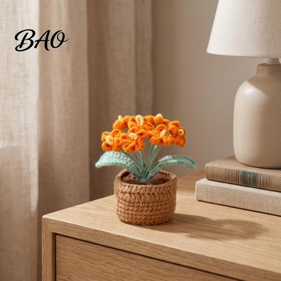 Multi Color Crochet Flower Pot Crocheted Potted Plant, Artificial Yarn Ornament, Vibrant Multi-color No Maintenance Fake Flowers Knitted Desktop Plant