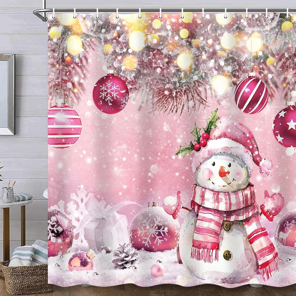 GAEWeihnachten Winter Schneemann Rosa Kugel Duschvorhang Schneeflocke Kiefernzweig Badezimmervorhang für Feiertagsdekorationen Wasserpr