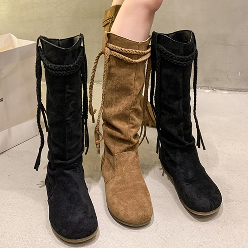 Damen Fransen Schnee High Boots Wildleder Flats Kniehohe Schuhe Plissee Trend Luxusmarke Wintermode Chelsea Goth Boots Mujer