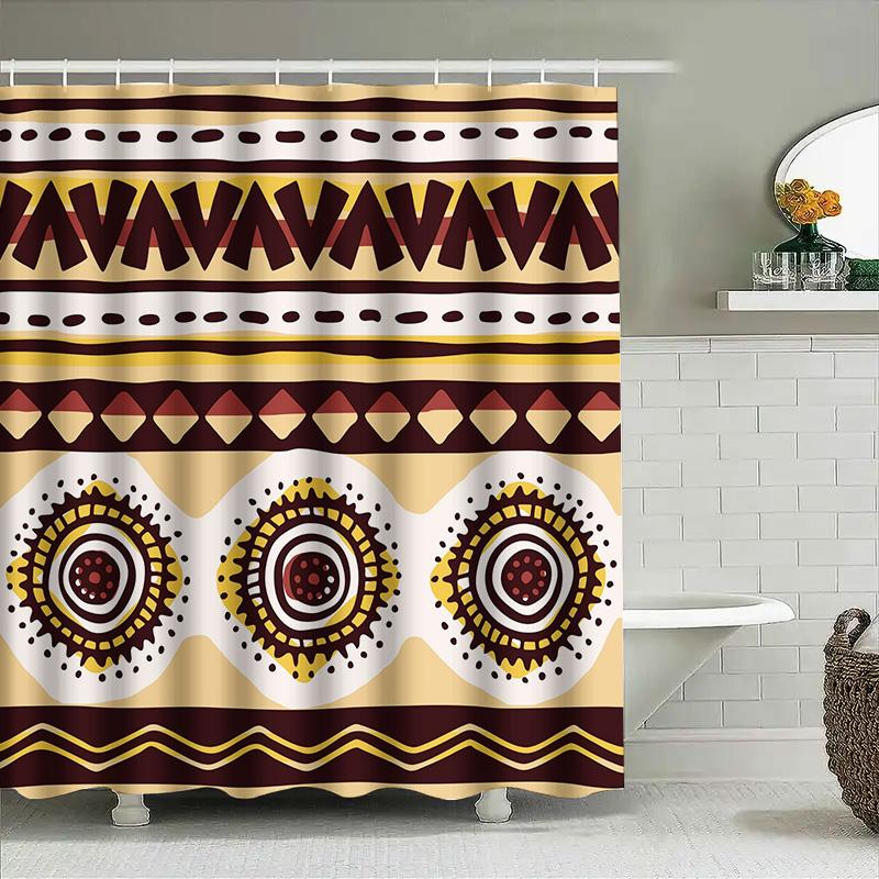 Decorative Shower Curtain With African Print Design Modern Bath Rug Decoration, Rustic Decor, Dark Beige Color, Polyester Fabric