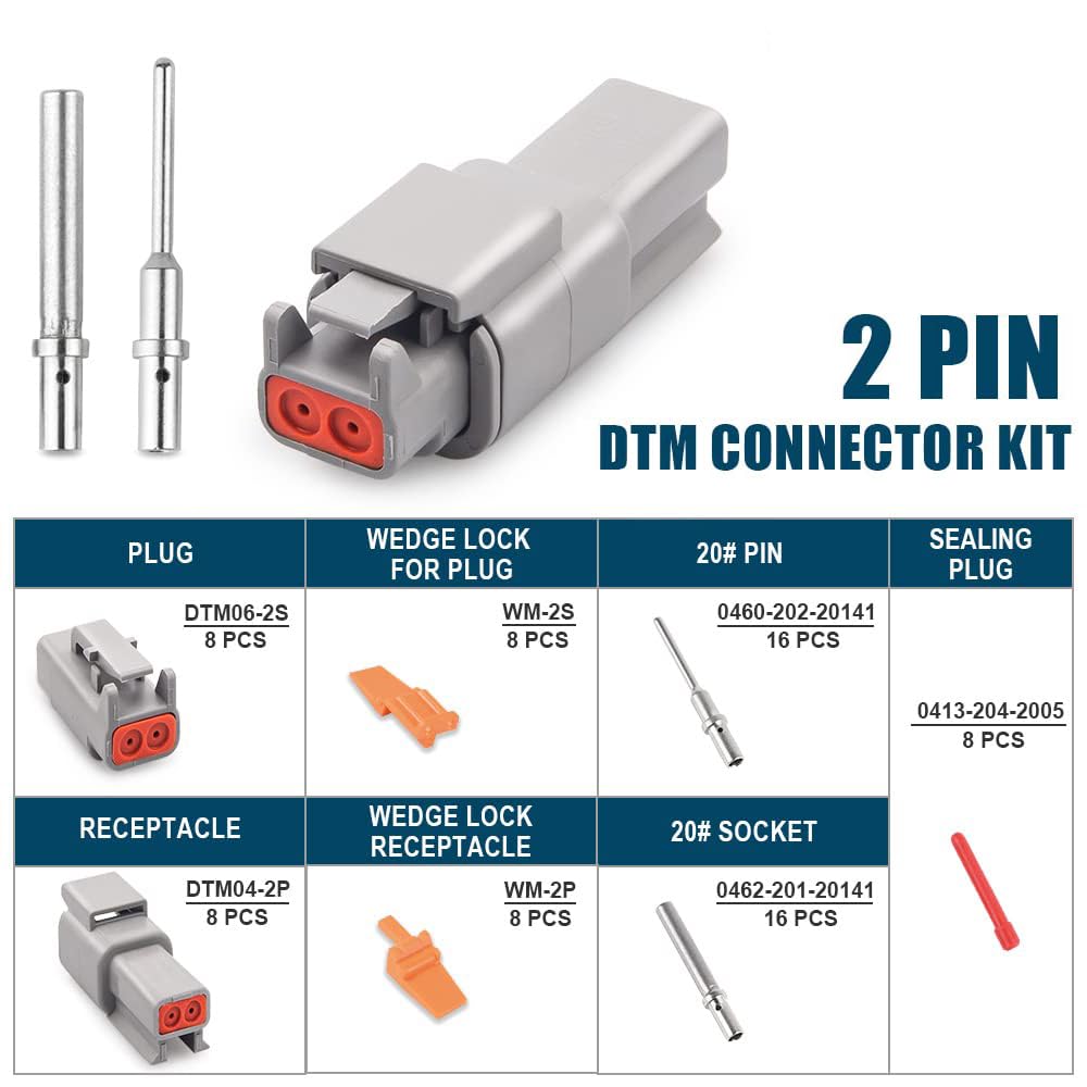 Edinstry 16 Pairs ST6330-201 DTM Car Connector Wiring Terminal 2pin Waterproof Wire Connector 20-Solid