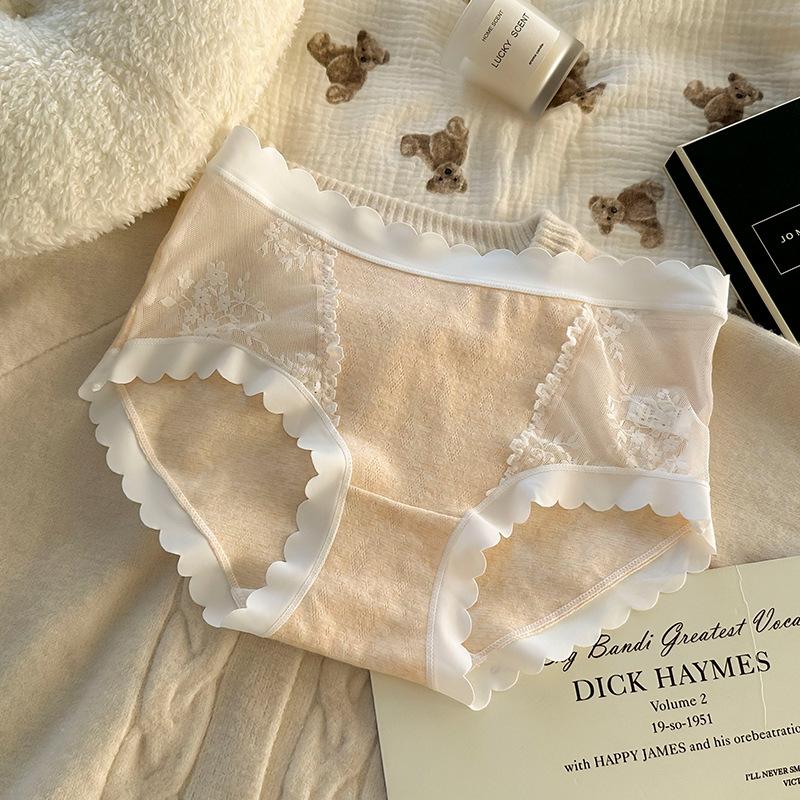 

Женские удобные бесшовные кружевные трусы-треугольники с волнистым краем из хлопка в промежности XL телесный