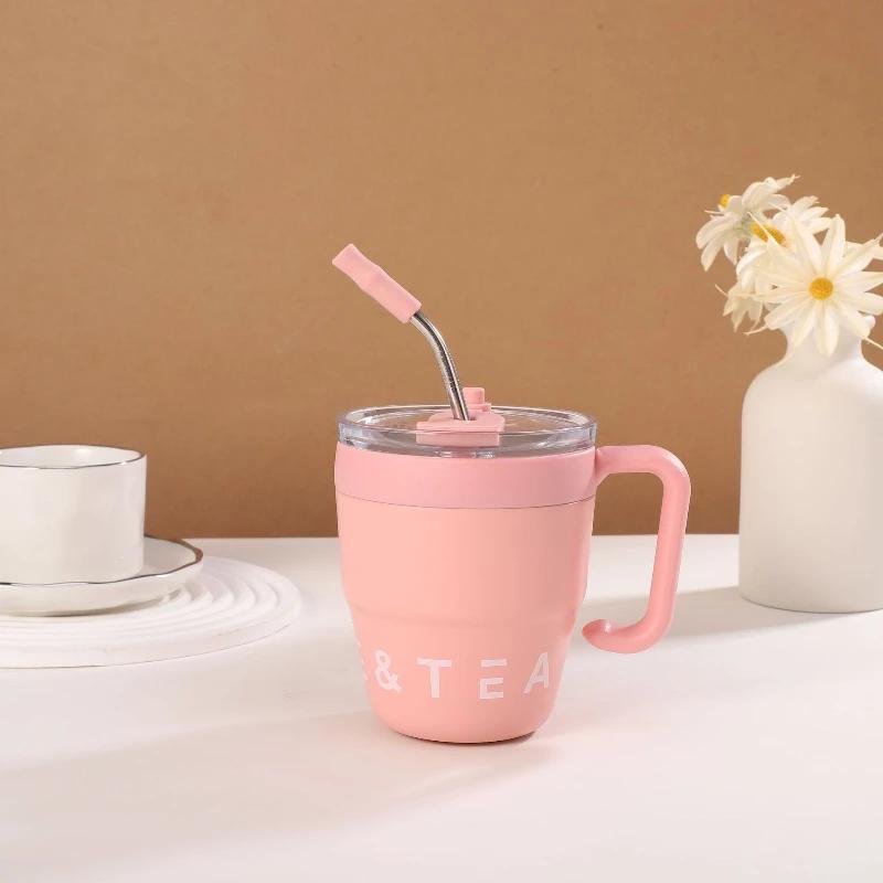 Stainless Steel Thermos Coffee Mug with Handle Portable Office Home Breakfast Milk Water Tea Cup with Lids and Straw Drinkware