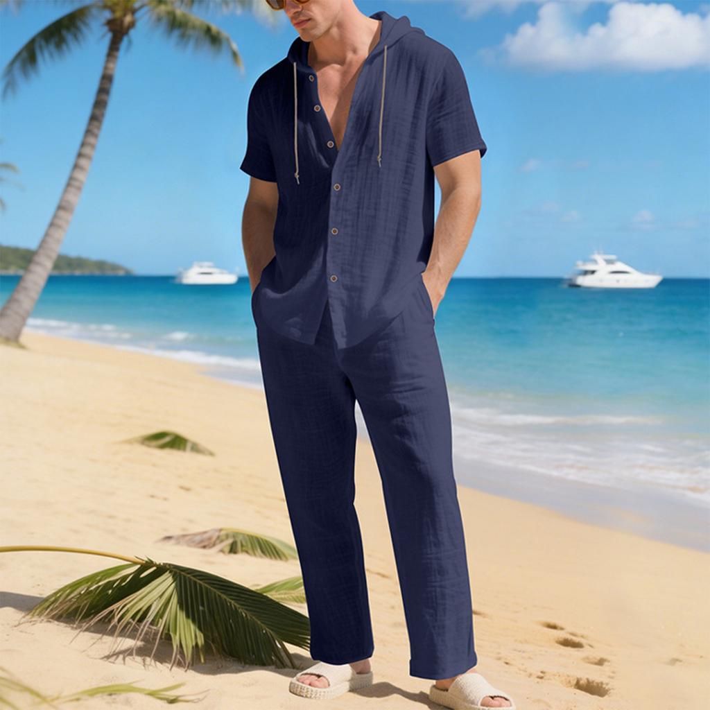 Men'S Color Casual Short Sleeved Pants Two,Piece Fashionable Set