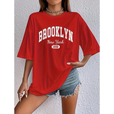 Brooklyn New York 1989 Alphabetic Print Short Sleeve Casual T-Shirt Crew Neck Pullover with Medium Stretch Fabric Spring/Summer
